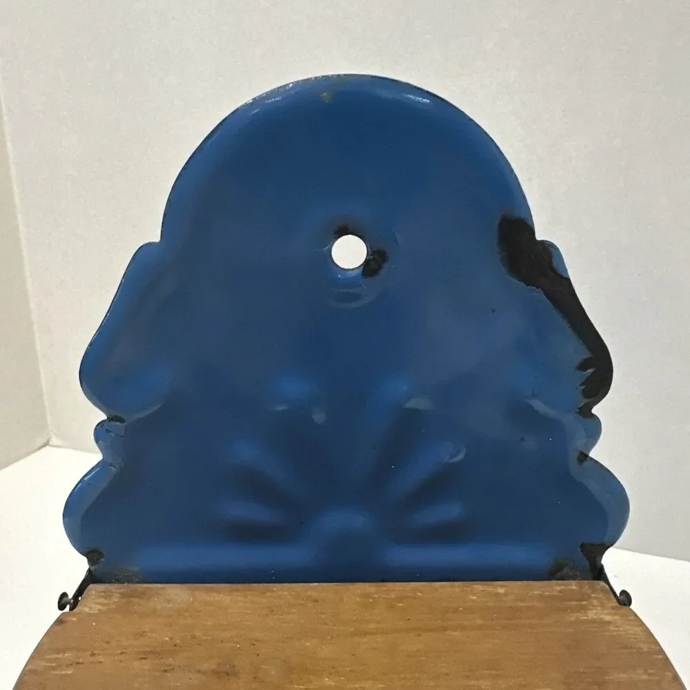 Vtg Polish Enamelware Salt Box Blue Wall Hanging Cellar Wooden Lid Huta Silesia